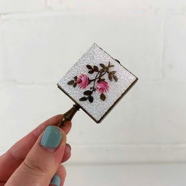 Vintage Personal Travel Ashtray Mini Cards Pink Roses White Brass Mid-Century Bridge 1950s 