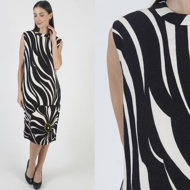 60s Animal Print Dress, Black White Floral Material, Vintage Mod Cotton Pattern 