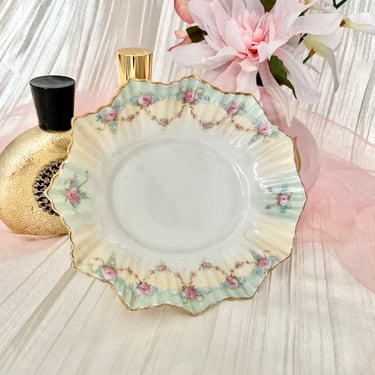 Mid Century Trinket Dish, Roses Floral Porcelain, Ruffle Edge, Bowl Dresser Dish, 50s 60s Vintage 