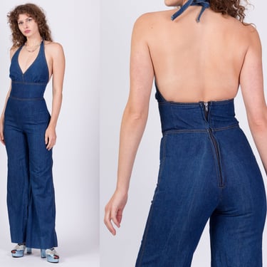 70s Denim Flared Leg Halter Jumpsuit - Petite XS | Vintage Blue Jean Bell Bottom Zip Up Retro Disco Outfi 