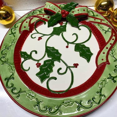 Plaid Tidings 12” Christmas Platter~ Fitz and Floyd style serving appetizer tray~  Christmas Dinnerware Cracker Barrel Christmas table decor 