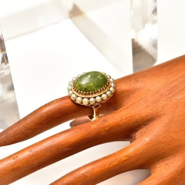 Vintage 14K Gold Green Turquoise Pearl Seed Ring, Ornate Crown Bezel Setting, Marbled Green Gemstone Cabochon, Pearl Strand, Size 7 US 