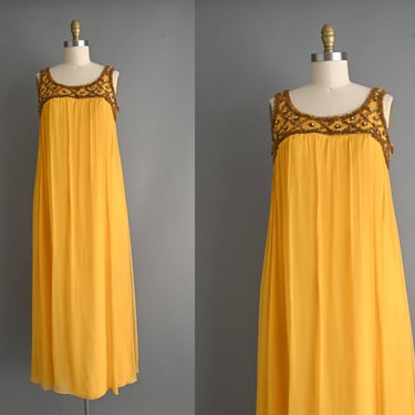vintage 1960s dress | Outstanding Gold Beaded Full Length Chiffon Cocktail Party Dress | Medium 