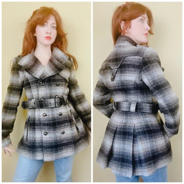 Y2K Miss Sixty Black and Grey Plaid Jacket / Vintage Belted Wool Blend Skirted Peacoat / Size Medium 
