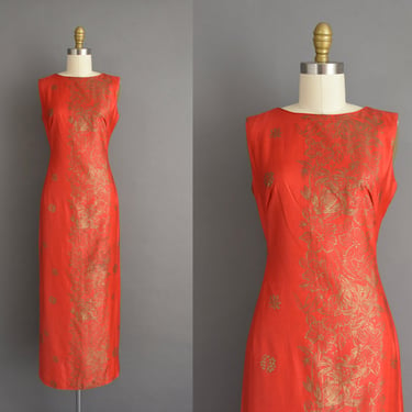 vintage 60s dress | Red Gold Painted Hawaiian VLV Polished Cotton Dress | Small | 1960s vintage dress 