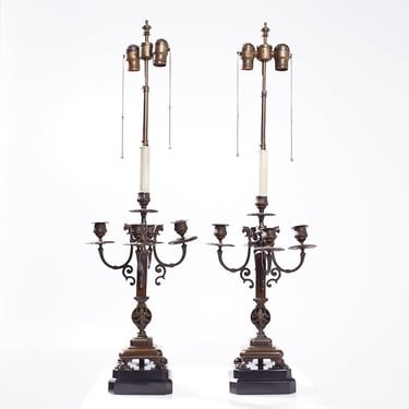 Antique Neoclassical Bronze Candelabra Lamps - Pair 