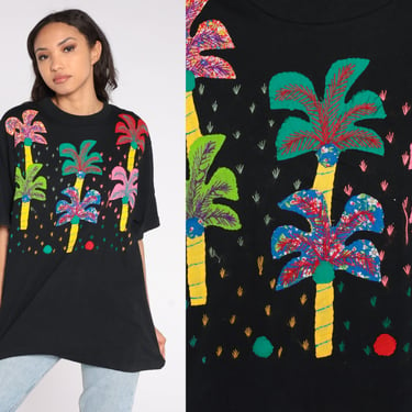 Palm Tree T Shirt 90s Embroidered Tropical Graphic Tee Black Vintage Patchwork Beach Tshirt Retro Vacation Surfer Print 1990s Extra Large xl 