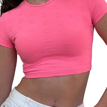 Vintage CHANEL CC Monogram Logo Pink CROP Top Shirt Blouse 1997 Collection - Mint 