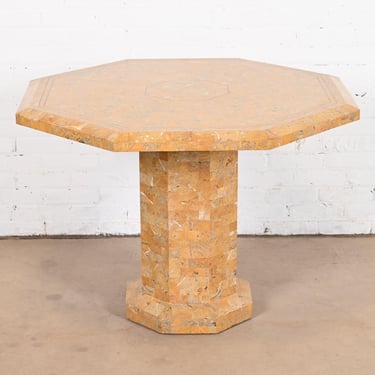 Maitland Smith Modern Tessellated Marble and Inlaid Brass Pedestal Dining Table or Center Table