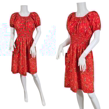Van Raalte 1970s Red Cotton Ditsy Print Peasant Dress I Sz Sm 