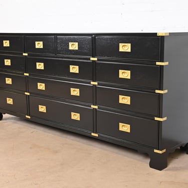 Drexel Heritage Hollywood Regency Campaign Black Lacquered Twelve-Drawer Dresser, Newly Refinished