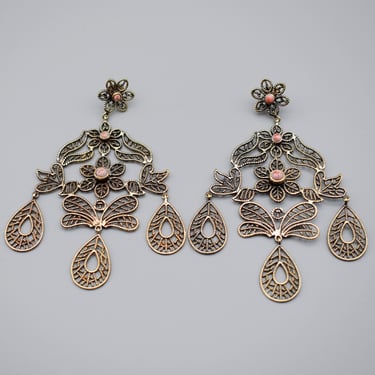 Big 70's antique gold wash sterling filigree chandeliers, 925 silver ceramic floral boho earrings 