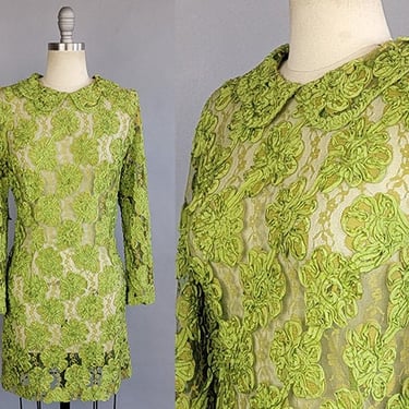 1960s Mini Dress / 60s Moss Green Lace Shift Dress / Green Ribbon Flowers / Size Small Medium 
