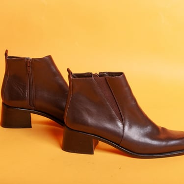 90s Dark Brown Leather Chelsea Boots Vintage Tapered Ankle Zipper Boots 