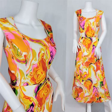 1960's Orange Swirl Painterly Psychedelic Print Long Cotton Maxi Dress I Sz Med I David Barr 