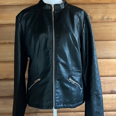NY & Co Leather Look Jacket w/ Quilted Stitch Accents Zipper Pockets Sz XL 
