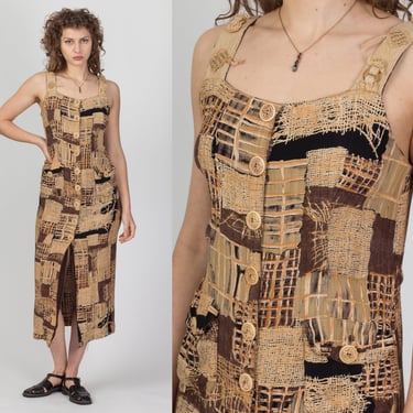 90s Burlap Patchwork Print Sundress - Small to Medium | Vintage Sleeveless Button Up Summer Midi Dress 