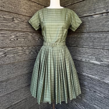 1950s green plaid day dress fit and flare frock small 