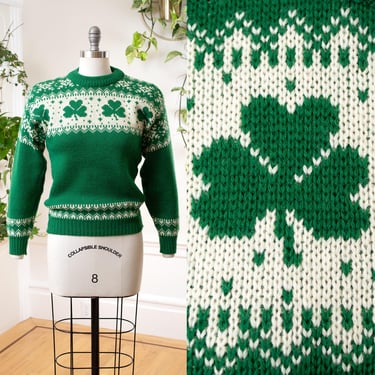 Vintage 1970s Sweater | 70s Three Leaf Clover Irish Wool Knit Novelty Print Graphic Kelly Green Long Sleeve Pullover (small/medium/large) 