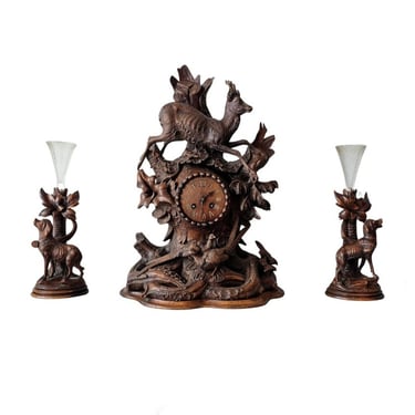 Large Antique Black Forest Carved Figural Mantle Clock & Spill Vase Garniture Set 