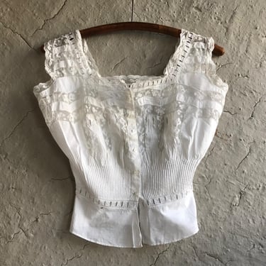 French Lace Cache Corset, White Camisole, Wasp Waist, Embroidered Monogram, Period Clothing, Size Small 