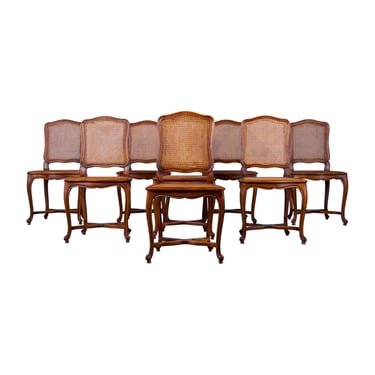 Antique French Louis XV Style Provincial Cherry Wood Cane Dining Chairs - Set of 8 