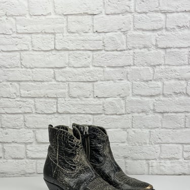 Golden Goose Deluxe Brand, Crackled Leather Western Bootie, Black, Size 7