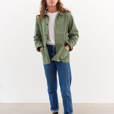 Vintage Faded Green Herringbone Twill Chore Coat | Unisex Cotton Workwear Jacket | M L | IT528 