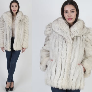 Vintage 80s Saga Fox Fur Coat, Chubby Corded Shawl Collar, Natural Arctic Blue Swirl Sleeves 