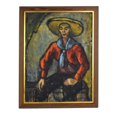 Beatrice Roitman Metrick Midcentury Oil Painting Portrait Man in Sombrero 