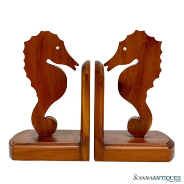 Mid-Century Coastal Maple Tiki Seahorse Library Bookends - A Pair