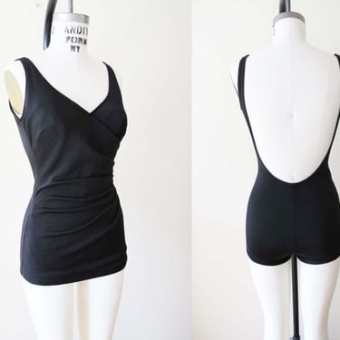 Vintage 50s Womens Black One Piece Bathing Suit S Catalina - Scoop Back Ruched Full Coverage Retro Padded Chest Swimsuit Playsuit 