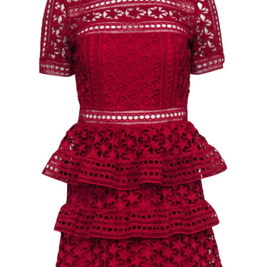 Self Portrait - Red Guipure Lace Short Sleeve Ruffled Dress Sz 4