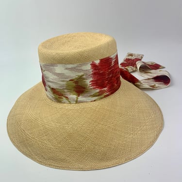 1960'S Brimmed Bucket Hat - HAPPY CAPPER Hat Company - Fine Quality Straw - Wide Floral Fabric with Long Tail  - Women's Size Medium 