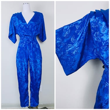 1980s Vintage LTD Roberta Blue Floral Jumpsuit / 80s / Eighties Kimono Sleeve Poly Silk Playsuit / Size Medium 