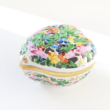 Herend heart shaped box, Openwork porcelain trinket or jewelry box, Colorful floral china, Springtime gift for her 