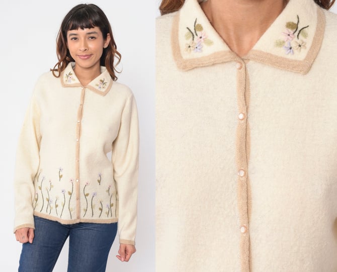 Vintage 1980s Cream Wool Austrian Cardigan Size S - Vintage