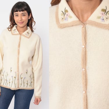Embroidered Floral Cardigan 80s Cream Wool Button up Knit Sweater Flower Jumper Collared Grandma Sweater Boho Hippie Vintage 1980s Medium M 