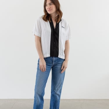 Vintage White Black 60s 70s Short Sleeve Blouse | Bowling Summer Shirt | M | 