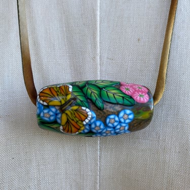 vintage necklace, hippie style, butterfly, large bead, artist made, bohemian, bug jewelry, monarch, ooak, hand crafted, floral bead, 3-d 