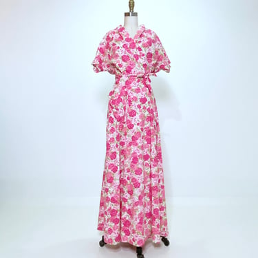 1950s Pink Floral Wrap Maxi Dress size S/M