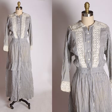 1910's Edwardian Blue and White Striped Candy Striper Lace Lawn Dress -XS 