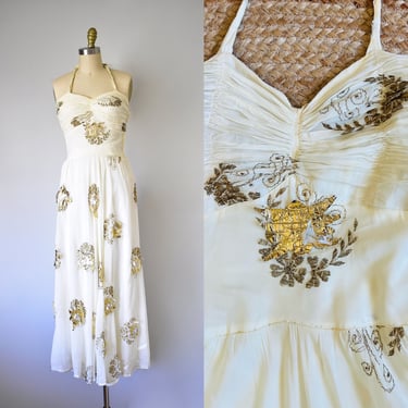 Jean gold foil appliqué maxi dress, silk 1940s dress, sheer evening gown, vintage halter dress 