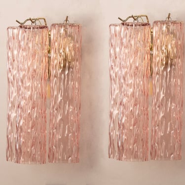 Set di 2 Applique con vetri di Murano colore rosa Made in Italy, lampada vintage da muro con 3 tubi corteccia 