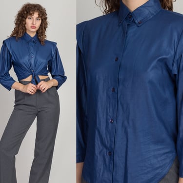 80s Blue Long Cap Sleeve Blouse - Medium | Vintage Shiny Button Up 3/4 Sleeve Top 
