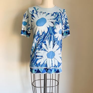 Vintage 1960s Devon Blue Floral Knit Top / S-M 