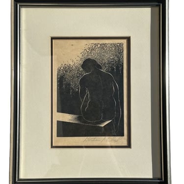 Reibel Bertram Untitled (Nude Seated Woman) Wood Engraving Block Framed Linocut Print 