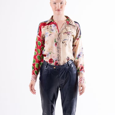 Vintage Jean Paul Gaultier Mixed Print Button Down Top Femme Polka Dot Floral Bird Paisley Stripe Multi Y2K XS S JPG Collared 