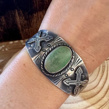 FRED HARVEY ERA Vintage 30s 1930s Turquoise & Silver Bracelet | Friendship Arrows Snake Cuff | Navajo Native American Southwestern Jewelry 