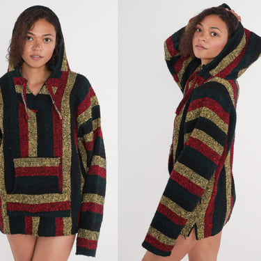 Drug Rug Hoodie 90s Baja Sweatshirt Mexican Sweater Black Yellow Red Striped Hippie Boho Hooded Blanket Bohemian Kangaroo Pocket 1990s Large 